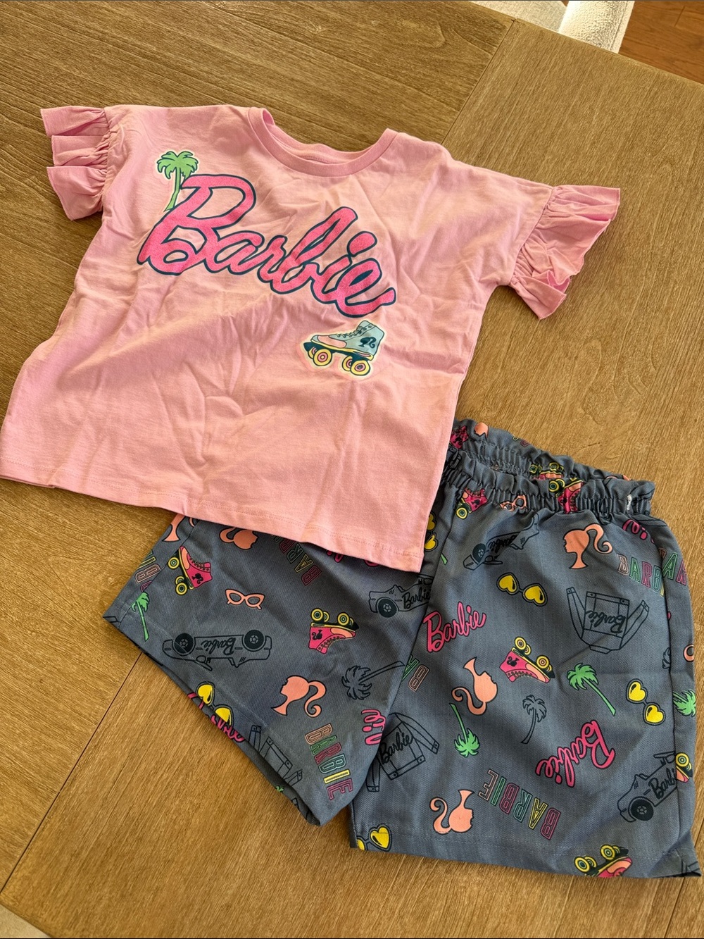 Barbie Pink Top with Gray Patterned Shorts Set